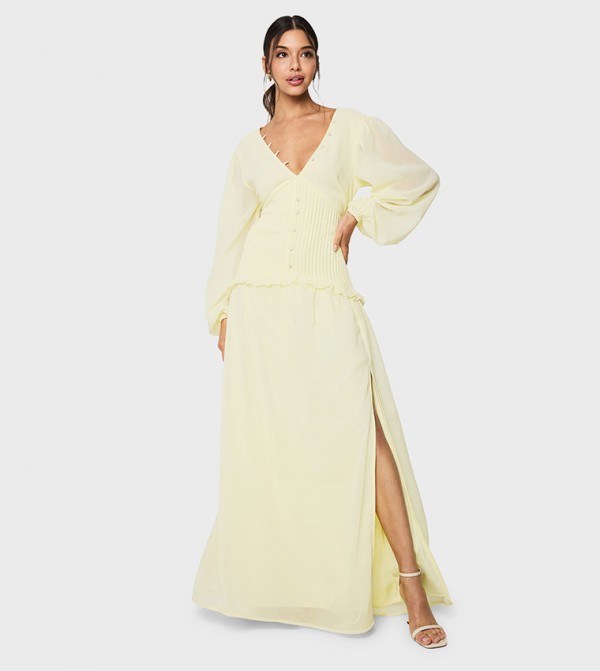 Chiffon Long Sleeves Pleated Waist Maxi Dress