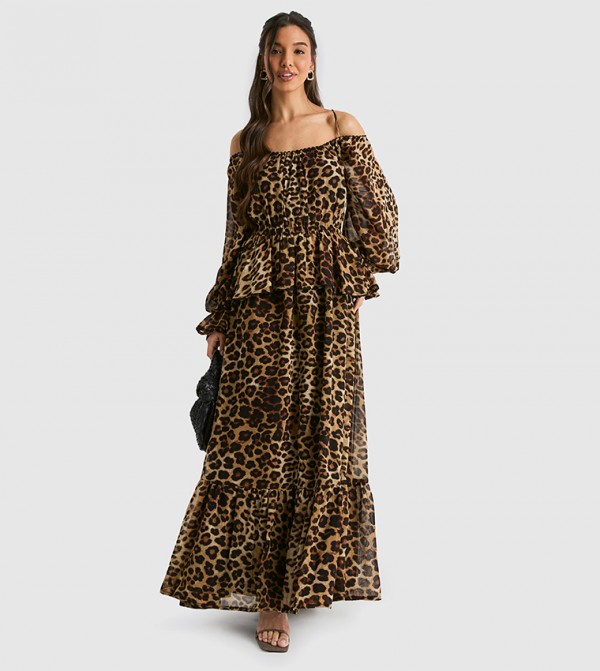 Leopard Chiffon Cold Shoulder Ruffle Maxi Dress