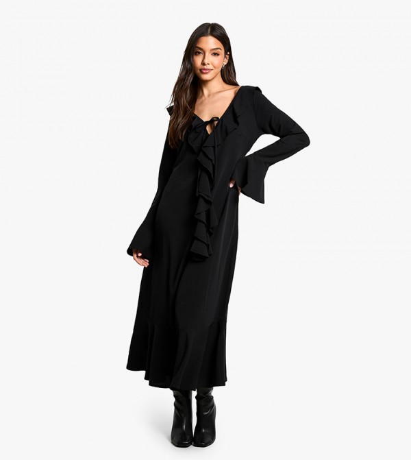 Textured Ruffled Long Sleeves Midaxi Dress
