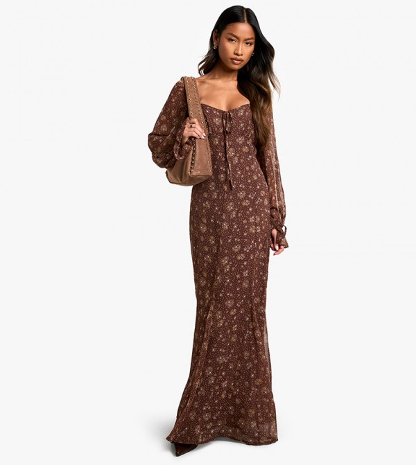 Ditsy Floral Printed Crinkled Milkmaid Maxi Dress