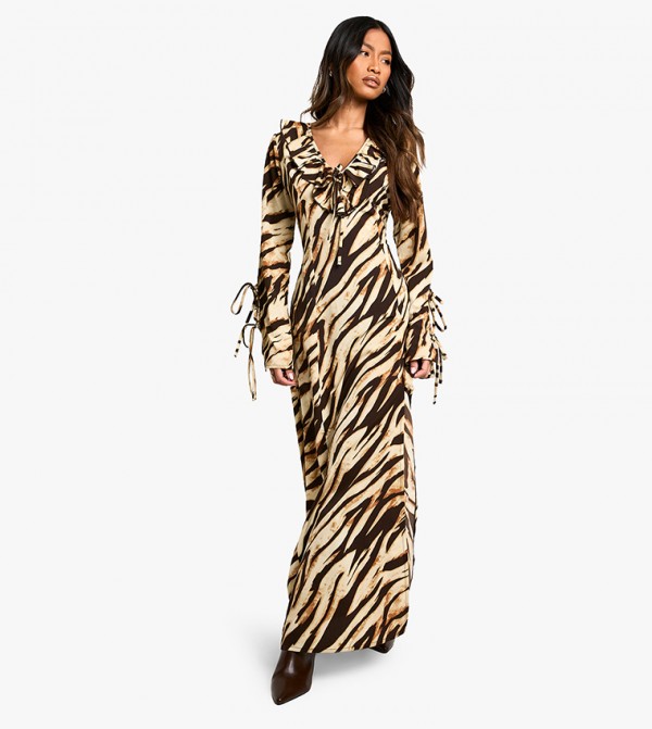 Zebra Printed Textured Ruffle Shift Maxi Dress