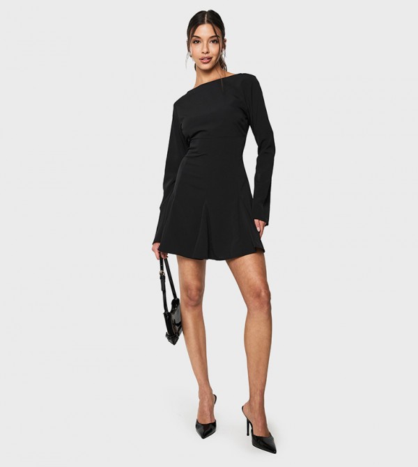 Textured Slash Neck Godet Mini Dress