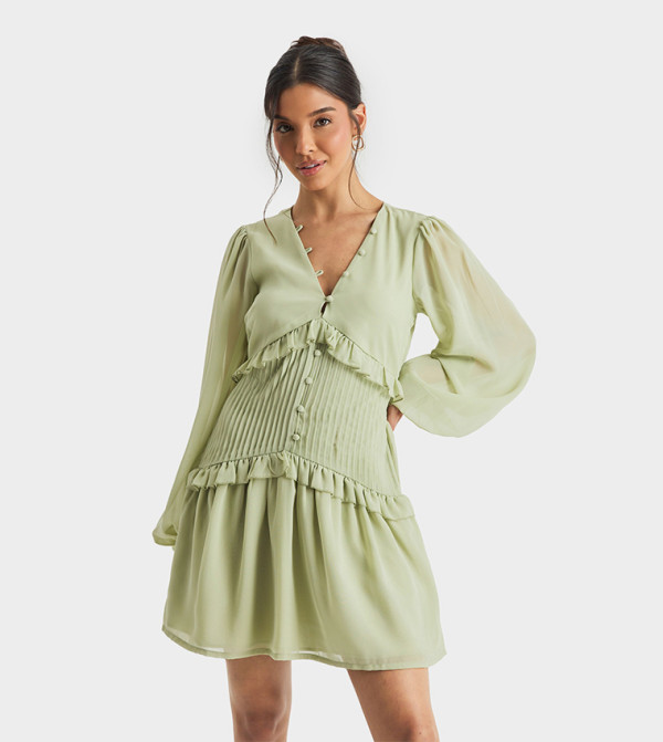 Chiffon Long Sleeves Pleated Waist Mini Dress