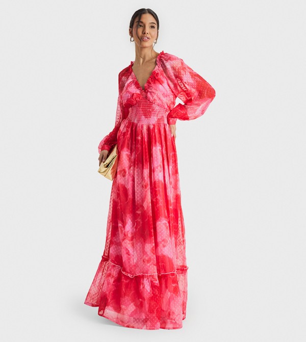 Floral Printed Dobby Long Sleeves Maxi Dress