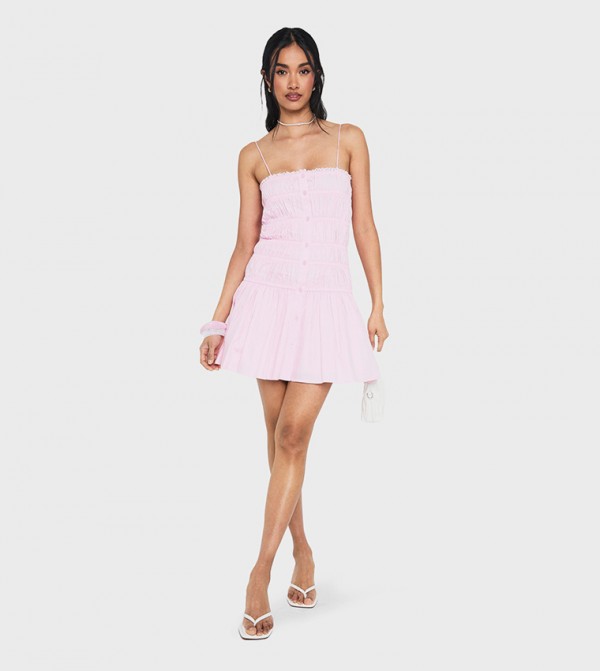 Shirred Bandeau Button Mini Dress