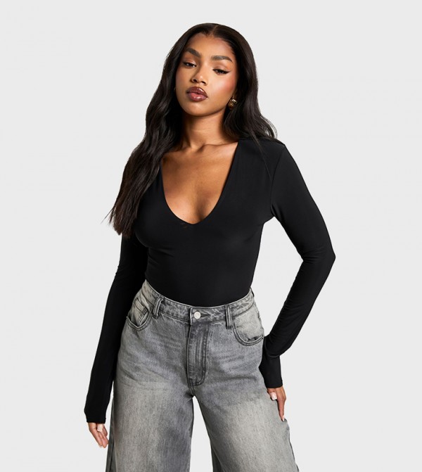 Slinky Plunge Front Long Sleeves Bodysuit