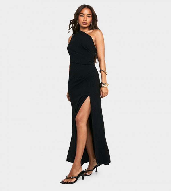 Linen Look Drape Strap Back Slit Maxi Dress
