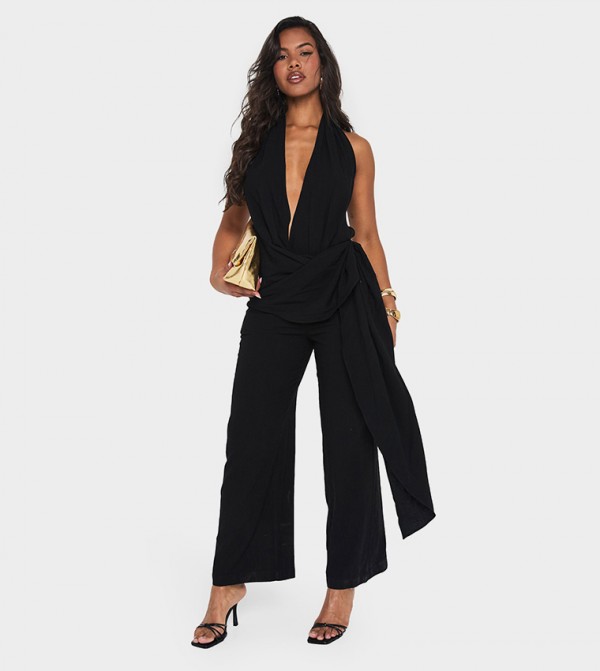 Linen Look Drape Cowl Wrap Jumpsuit