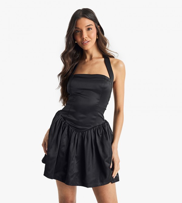 Satin Halterneck Drop Waist Volume Mini Dress