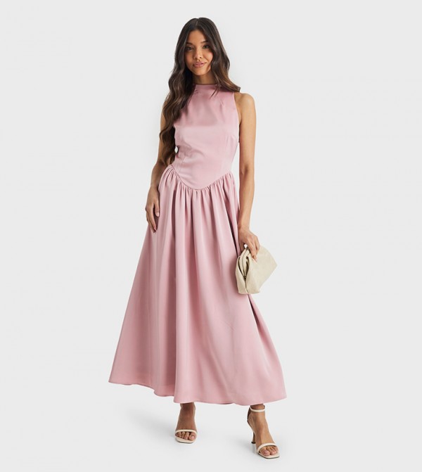 Premium Satin High Neck Volume Midaxi Dress