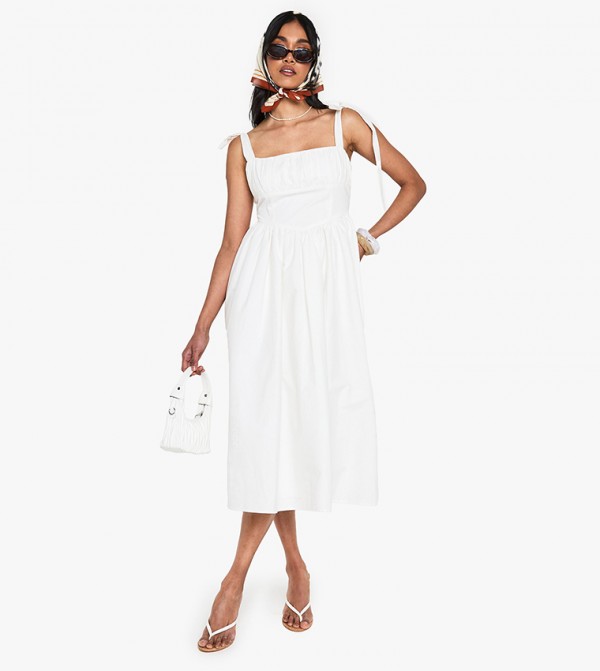 Cotton Ruched Bust Shoulder Tie Midi Dress