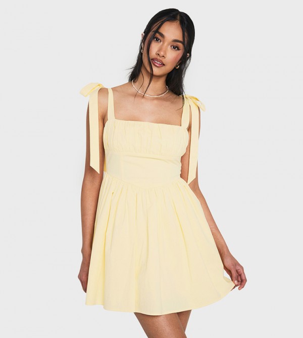 Cotton Ruched Bust Shoulder Tie Mini Dress