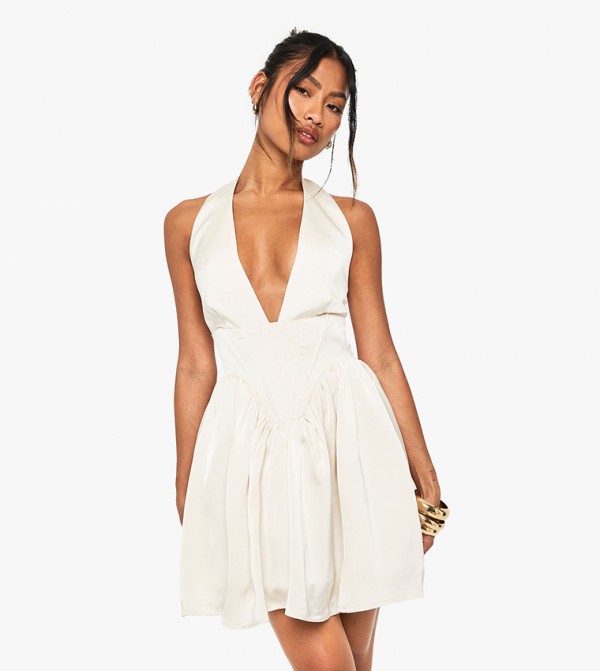 Satin Halterneck Boned Detail Volume Mini Dress