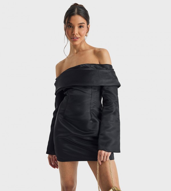 Satin Structured Off Shoulder Mini Dress