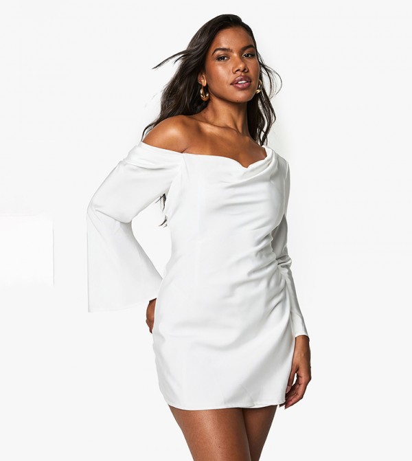 Satin Draped Flared Sleeves Mini Dress