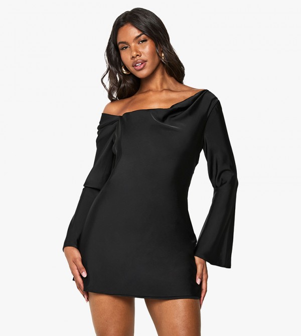 Satin Draped Flared Sleeves Mini Dress