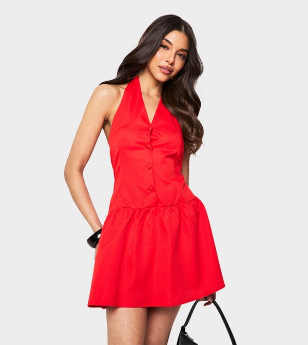 Halterneck Button Down Smock Mini Dress