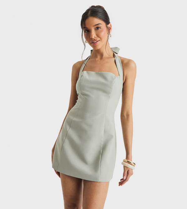 Solid Halterneck A-Line Mini Dress