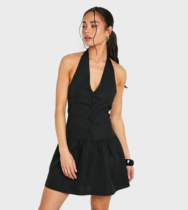 Halterneck Button Down Smock Dress