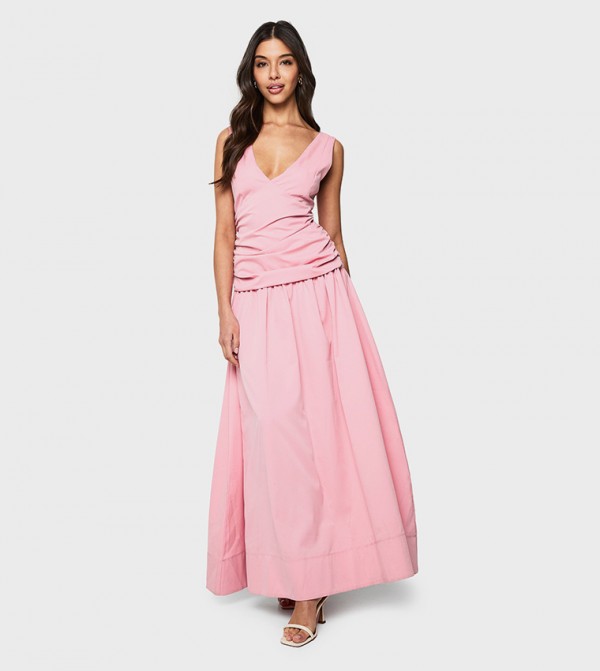 Ruched Detail V-Neck Maxi Dress