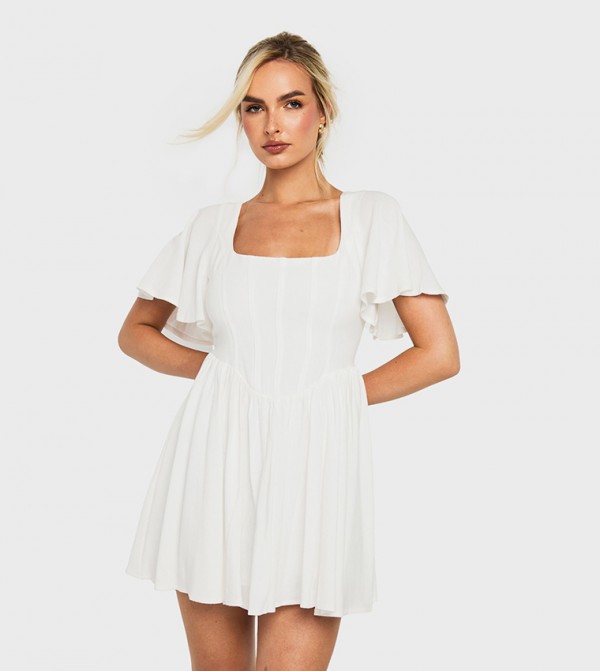 Linen Look Boned Detail Corset Smock Dress