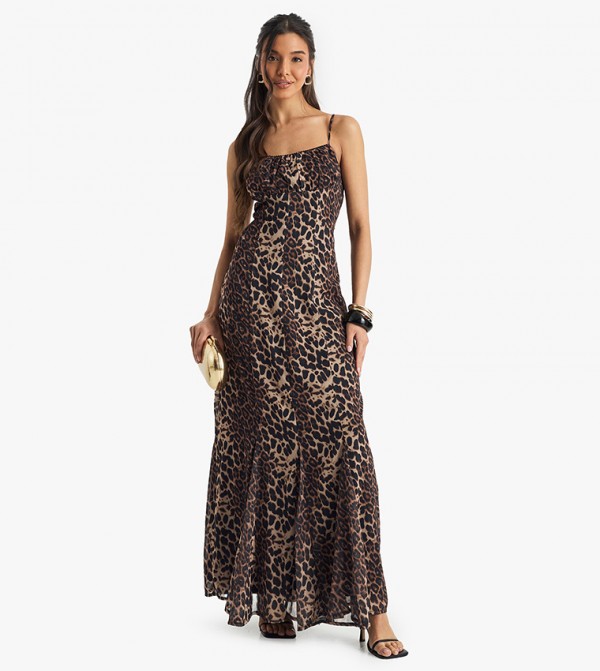 Leopard Printed Godet Hem Maxi Dress