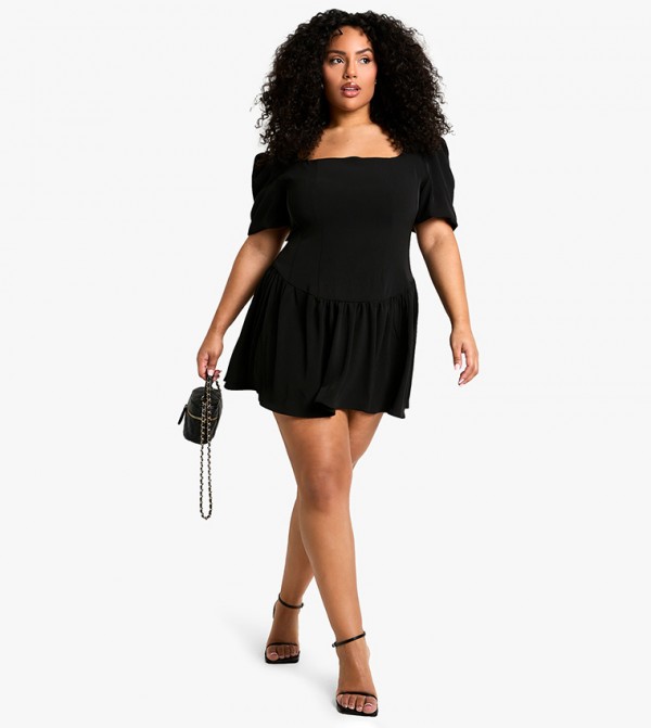 Curve Square Neck Drop Hem Skater Skirt Dress