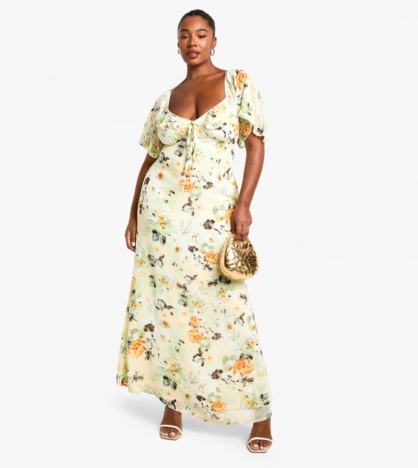 Curve Ruffle Detail Short Sleeves Printed Maxi Dress