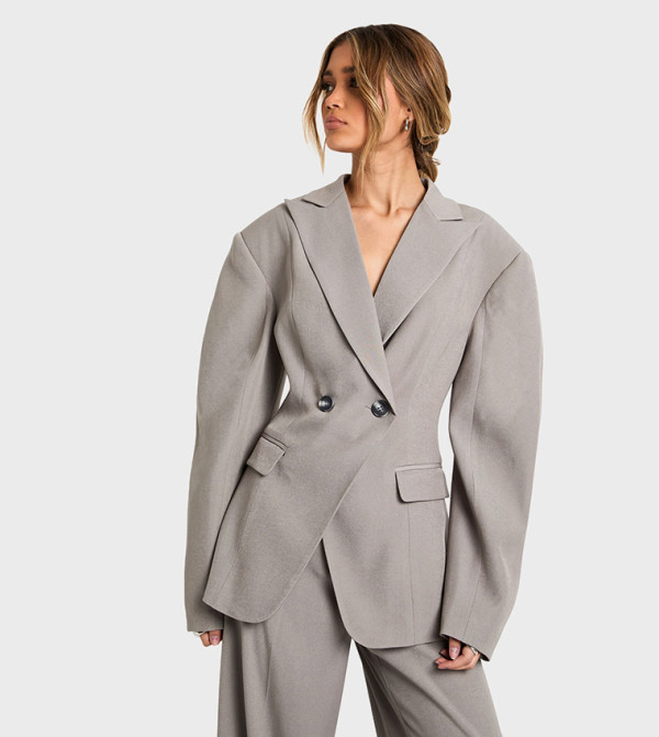 Woven Tailored Barrel Sleeves Wrap Blazer