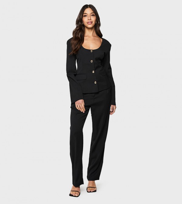 Scoop Neck Button Front Fitted Blazer