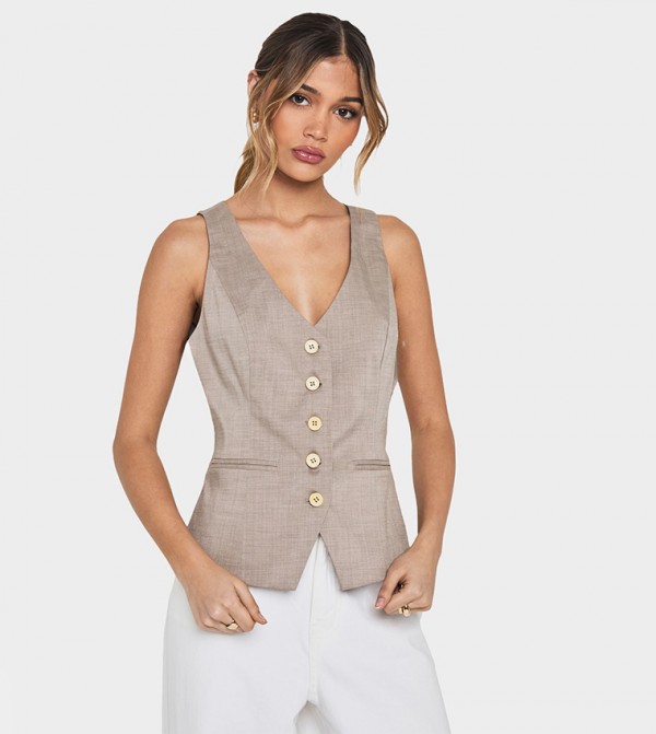 Solid Button Fitted Waistcoat