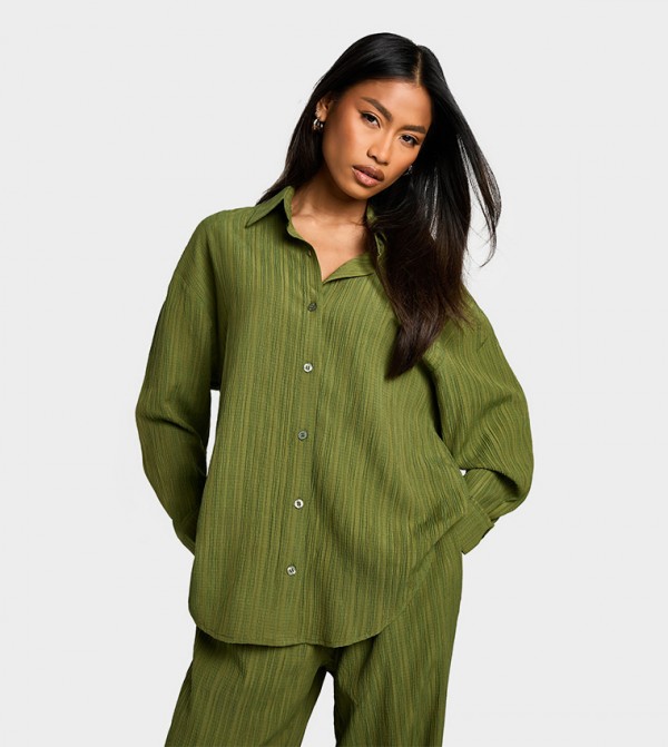 Woven Crinkle Textured Long Sleeves Shirt