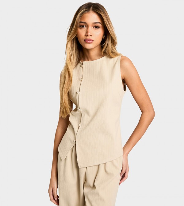 Woven Crew Neck Sleeveless Top