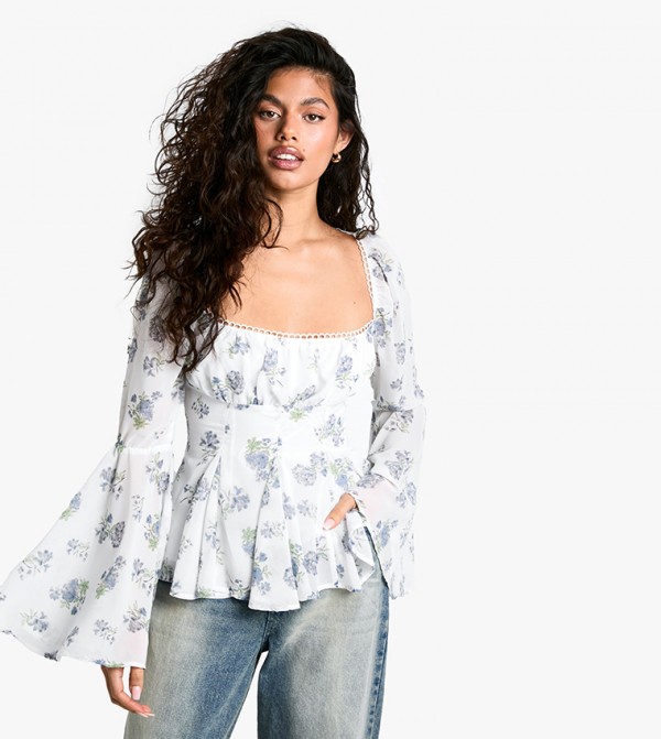 Ditsy Floral Print Corset Bust Flutter Sleeves Top