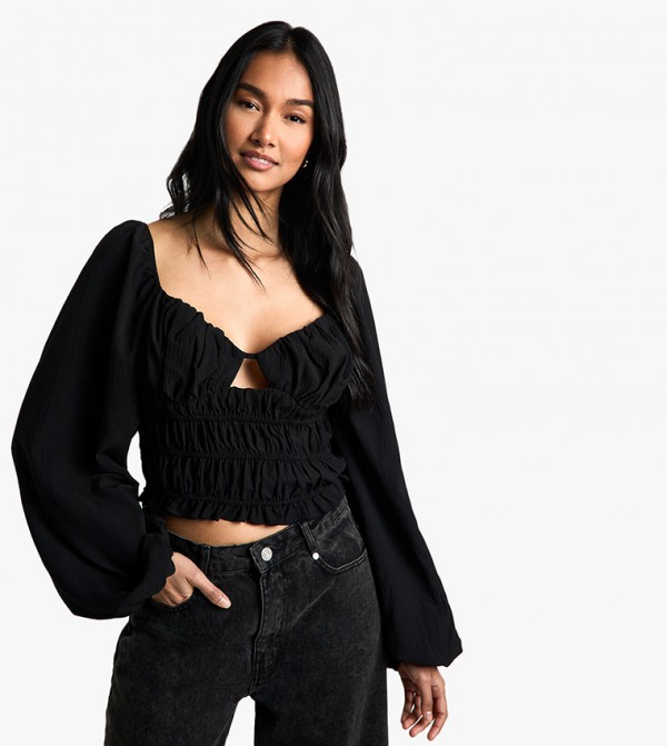 Woven Shirred Cut Out Long Sleeves Crop Top