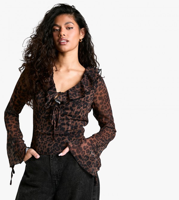 Chiffon Leopard Printed Ruffle Tie Front Top