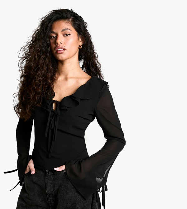 Chiffon Ruffle Tie Front Top