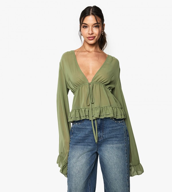Chiffon Ruffle Tie Front Crop Top
