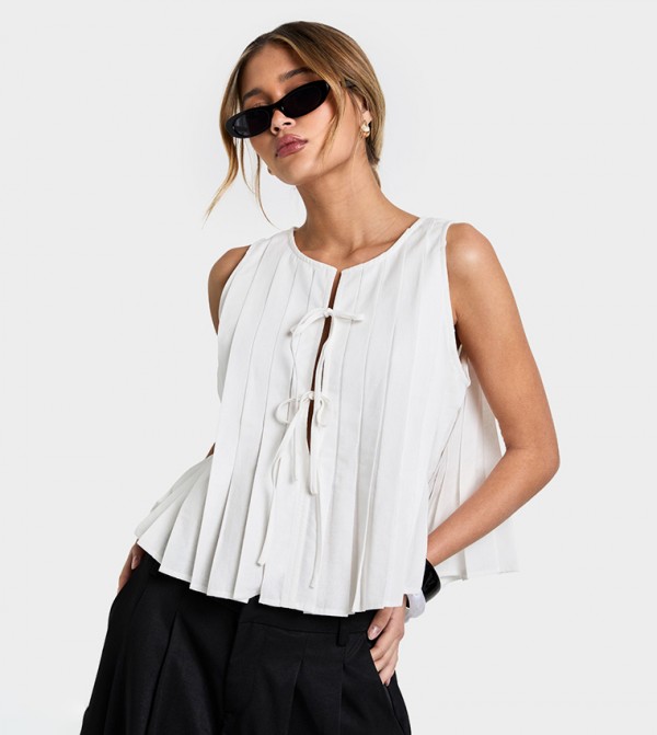 Linen Look Pleated Tie Front Smock Top