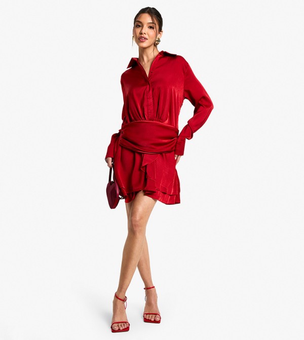 Satin Ruched Shirt Dress