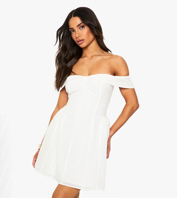 Petite Embroidered Structured Skater Dress