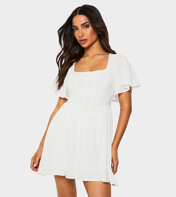 Petite Linen Mix Corset Flaterd Sleeves Skater Dress
