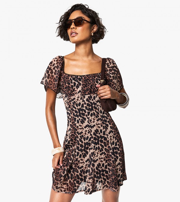 Tall Printed Chiffon Godet Square Neck Tea Mini Dress