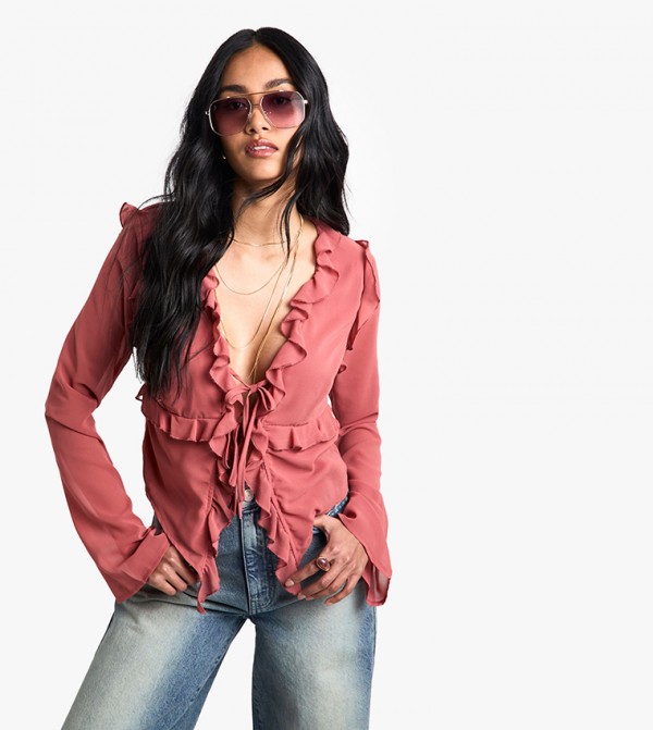 Chiffon Ruffle Tie Front Top