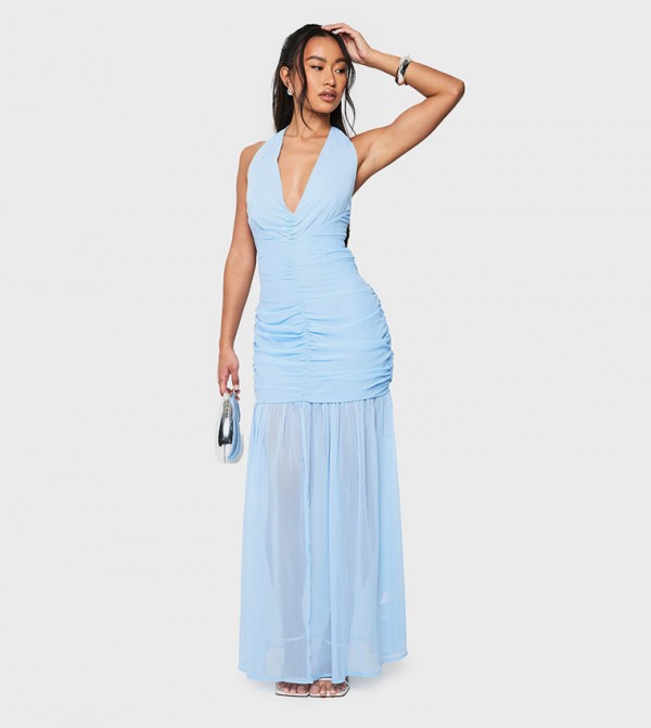 Chiffon Ruched Dropped Hem Maxi Dress