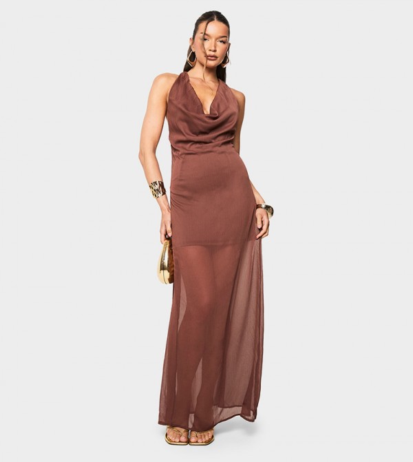 Crinkle Chiffon Cowl Neck Maxi Dress