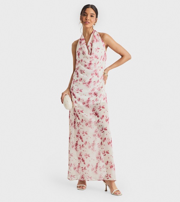 Printed Crinkle Chiffon Cowl Neck Maxi Dress