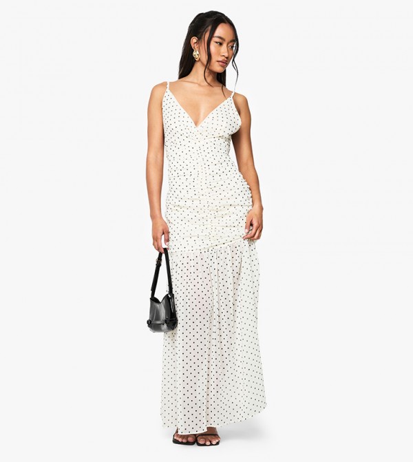 Polka Dot Ruched Plunge Maxi Dress