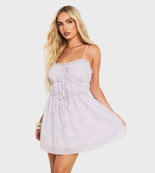 Ditsy Floral Textured Ruched Tie Mini Smock Dress