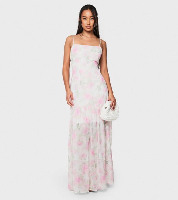 Floral Print Chiffon Mix Dropped Hem Maxi Dress